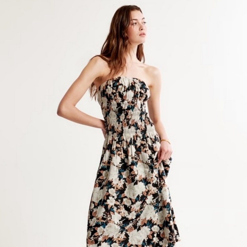A&F Strapless Floral Maxi Dress XL  Lightweight Cotton, Smocked Bodice, Lined
